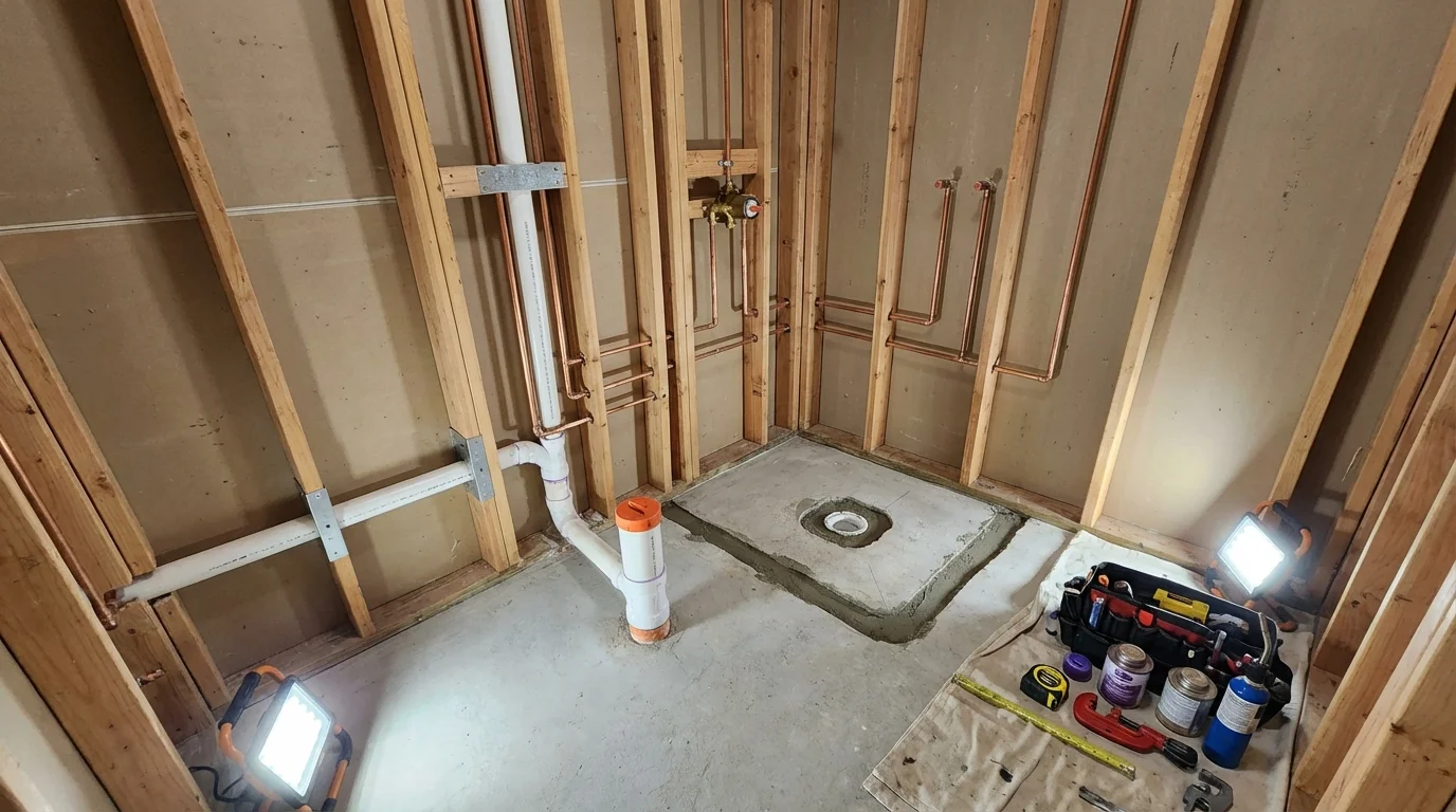 Bathroom rough-in plumbing during remodel by Johns Plumbing LLC in New River