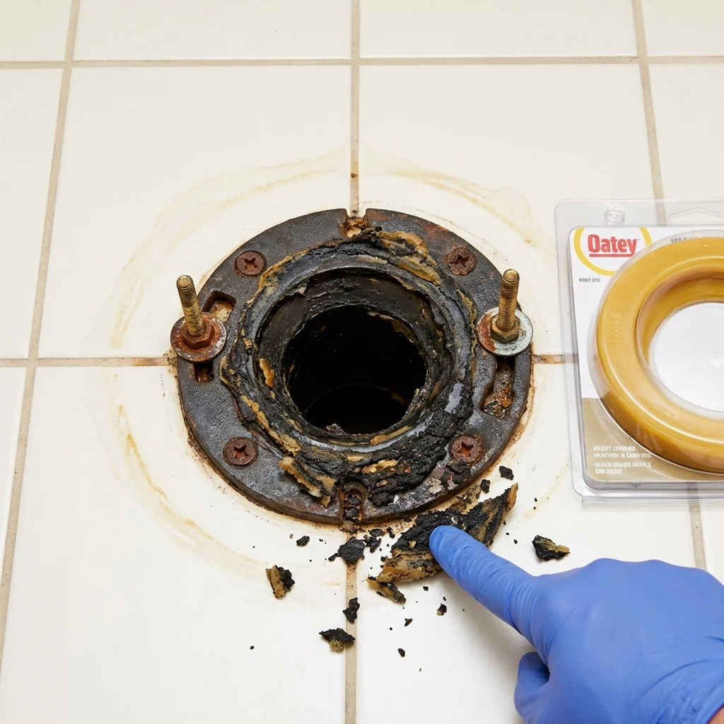 Failed wax ring showing water seepage at the base of a toilet in a New River, AZ home