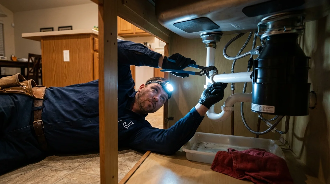 P-trap and supply line connections under a kitchen sink showing a common leak point in New River, AZ